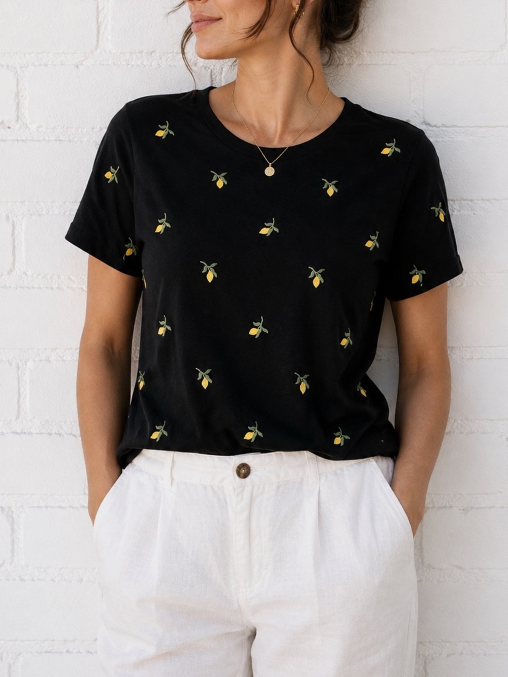 Lucky Brand Lemon Embroidered Tee S Black Cotton Coastal Preppy Casual
